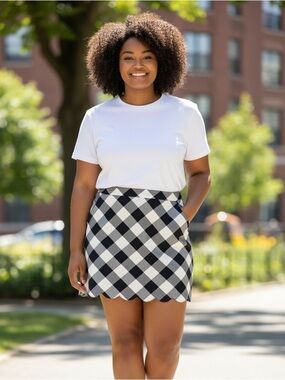 NWT 16, crown & ivy Navy, White and Gray Gingham scalloped skirt